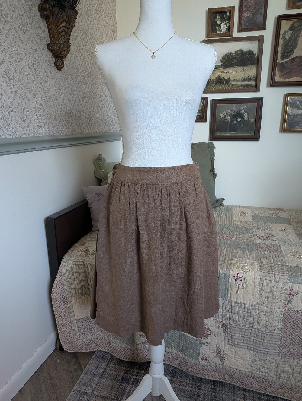 Linenfox 100% Linen Skirt S/M Taupe Brown Elastic Waist Pockets Handmade